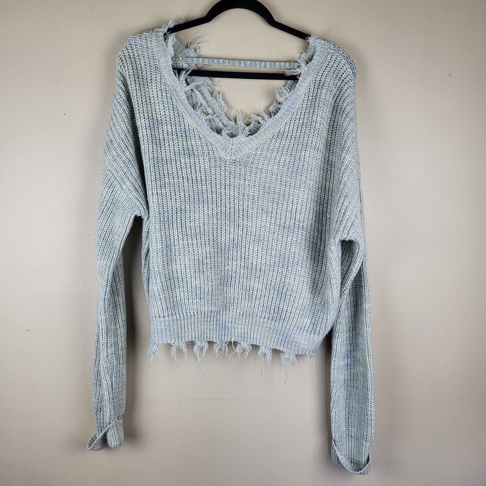 Cloudchaser Distressed Sweater Women's XL Blue Green V Neck Oversized Boho